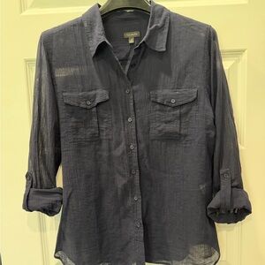 Talbots Navy Cotton Voile Button-Up Shirt SZ 12